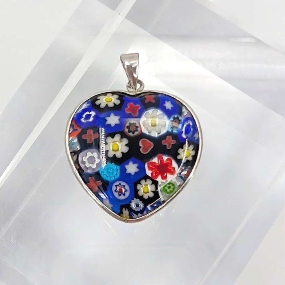 VTG Millefiori‎ 925 Heart Pendant Blue Floral Sterling Silver Art Glass Italy